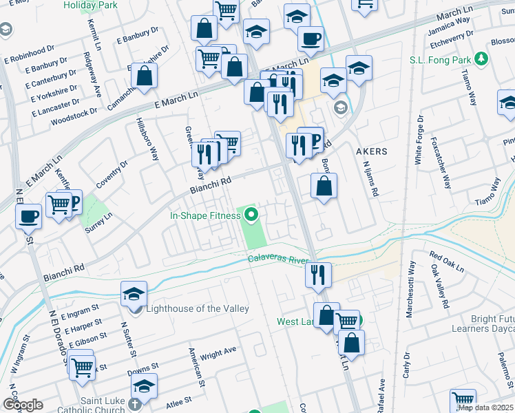 map of restaurants, bars, coffee shops, grocery stores, and more near 4519 Oakfield Drive in Stockton
