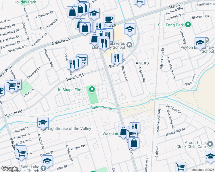 map of restaurants, bars, coffee shops, grocery stores, and more near Northpark Court in Stockton