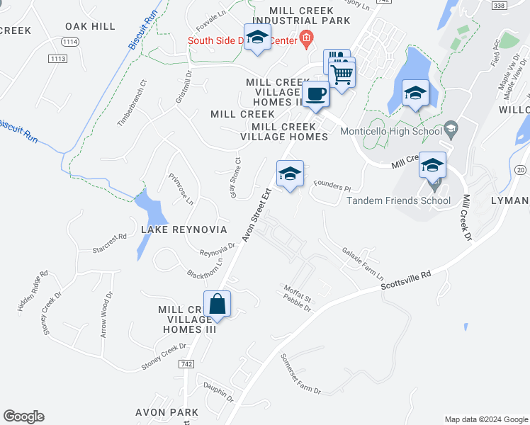 map of restaurants, bars, coffee shops, grocery stores, and more near 2709 Avinity Lane in Charlottesville