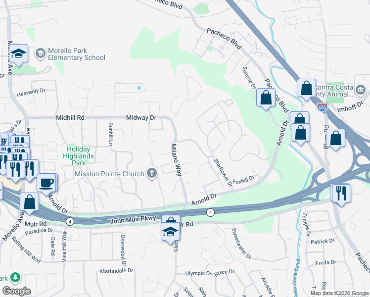 map of restaurants, bars, coffee shops, grocery stores, and more near 4961 Milano Way in Martinez