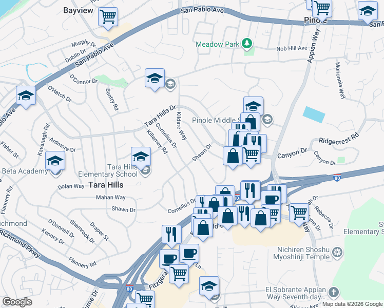map of restaurants, bars, coffee shops, grocery stores, and more near 1590 Kildare Way in Pinole