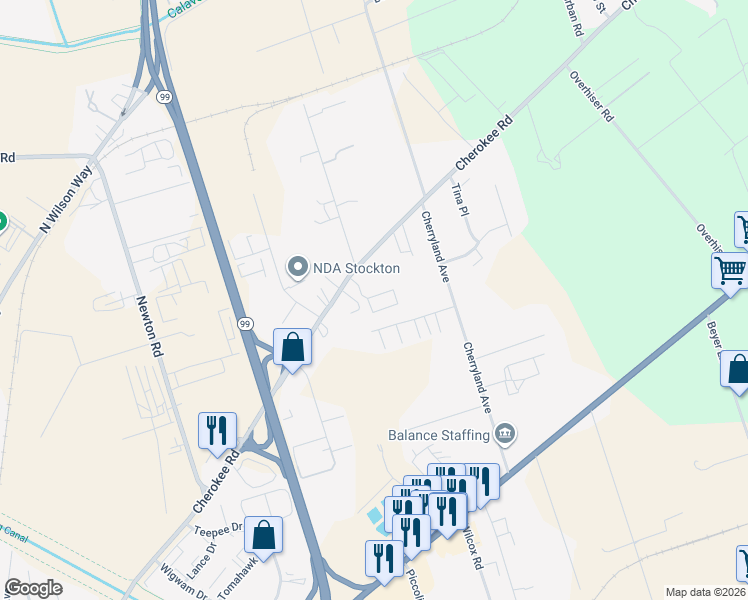map of restaurants, bars, coffee shops, grocery stores, and more near 4350 Cherokee Road in Stockton