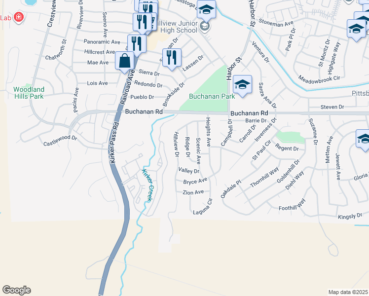 map of restaurants, bars, coffee shops, grocery stores, and more near 4260 Ridge Drive in Pittsburg