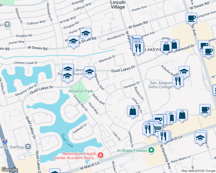 map of restaurants, bars, coffee shops, grocery stores, and more near 1709 Venetian Drive in Stockton