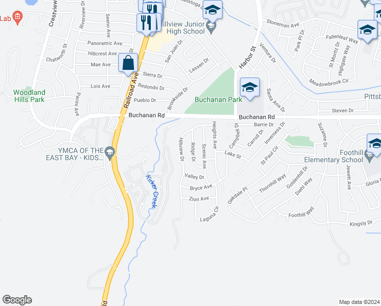 map of restaurants, bars, coffee shops, grocery stores, and more near 4260 Ridge Drive in Pittsburg