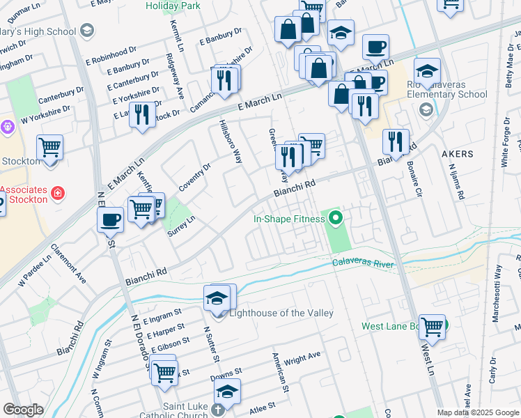 map of restaurants, bars, coffee shops, grocery stores, and more near 510 East Bianchi Road in Stockton