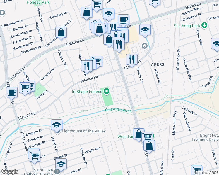 map of restaurants, bars, coffee shops, grocery stores, and more near 4519 Oakfield Drive in Stockton