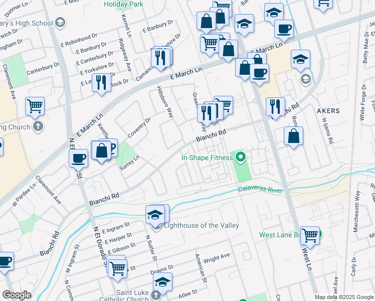 map of restaurants, bars, coffee shops, grocery stores, and more near 4479 La Cresta Way in Stockton