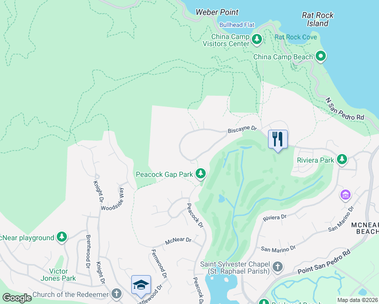 map of restaurants, bars, coffee shops, grocery stores, and more near 554 Biscayne Drive in San Rafael