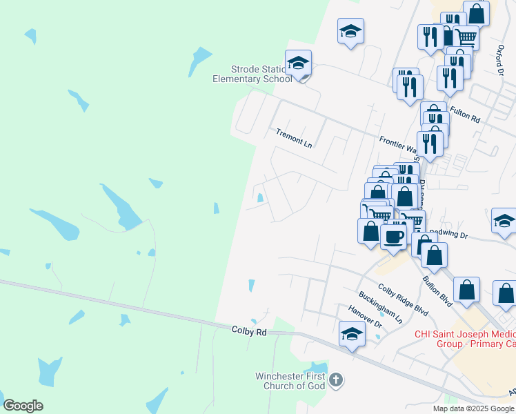 map of restaurants, bars, coffee shops, grocery stores, and more near 523 Colby Ridge Boulevard in Winchester