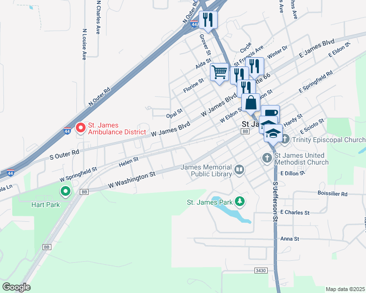 map of restaurants, bars, coffee shops, grocery stores, and more near 512 Helen Street in Saint James