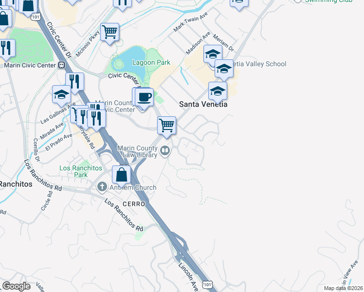 map of restaurants, bars, coffee shops, grocery stores, and more near 92 Village Circle in San Rafael