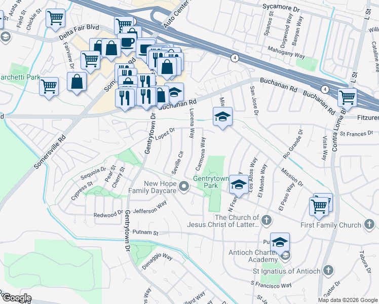 map of restaurants, bars, coffee shops, grocery stores, and more near 2832 Lucena Way in Antioch