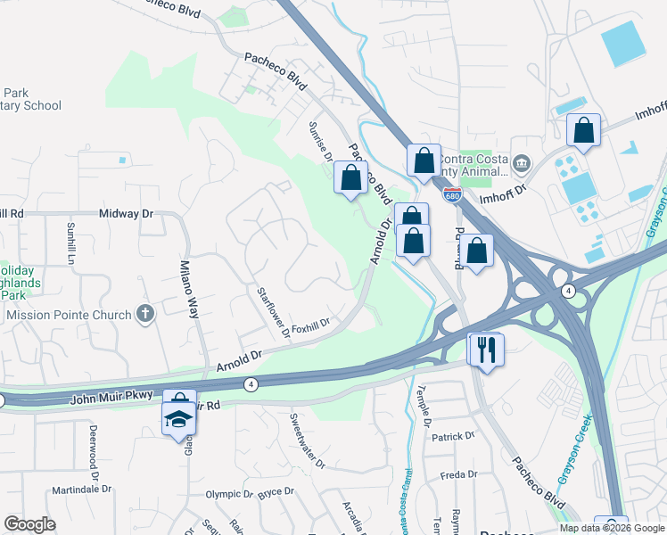 map of restaurants, bars, coffee shops, grocery stores, and more near 4894 Starflower Drive in Martinez