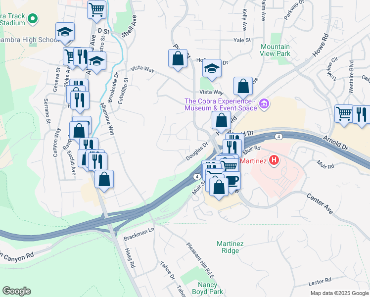 map of restaurants, bars, coffee shops, grocery stores, and more near 3883 Vista Oaks Drive in Martinez