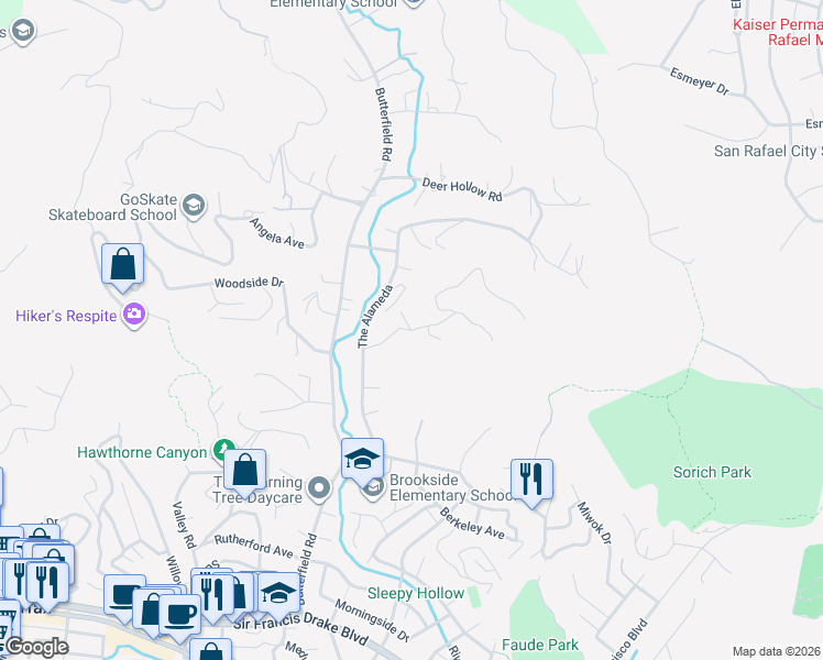 map of restaurants, bars, coffee shops, grocery stores, and more near 28 Holstein Road in San Anselmo