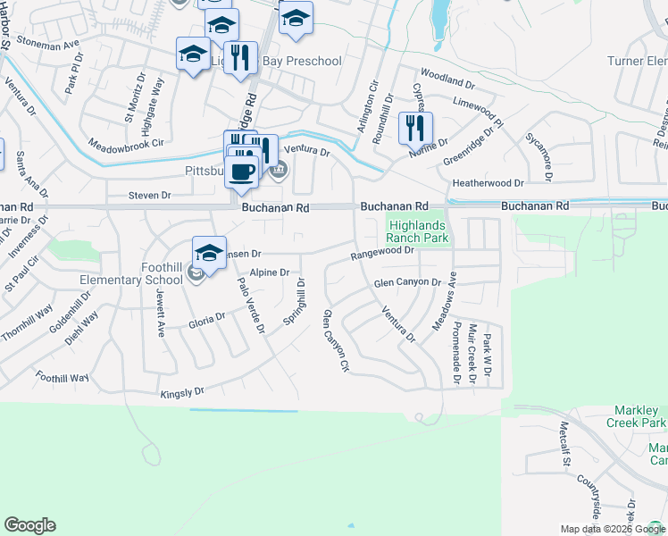 map of restaurants, bars, coffee shops, grocery stores, and more near 10 Rangewood Court in Pittsburg