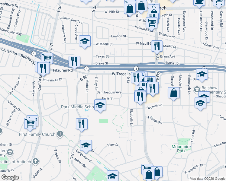 map of restaurants, bars, coffee shops, grocery stores, and more near 516 Faria Street in Antioch