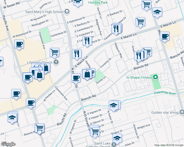 map of restaurants, bars, coffee shops, grocery stores, and more near Kentfield Road & Coventry Drive in Stockton