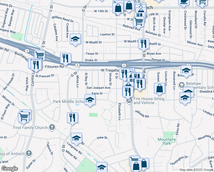 map of restaurants, bars, coffee shops, grocery stores, and more near 332 San Joaquin Avenue in Antioch