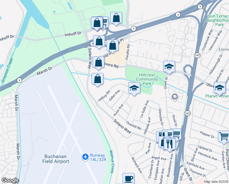 map of restaurants, bars, coffee shops, grocery stores, and more near 2867 Gillet Avenue in Concord