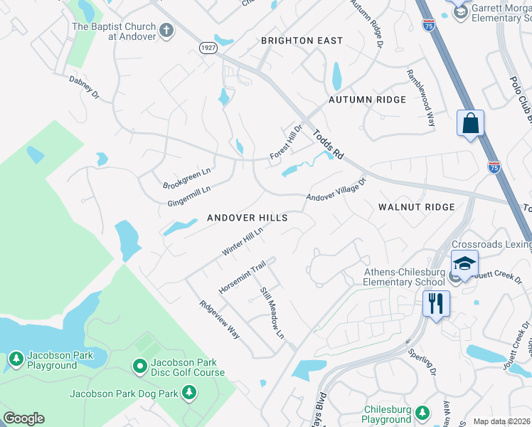 map of restaurants, bars, coffee shops, grocery stores, and more near 653 Winter Hill Lane in Lexington