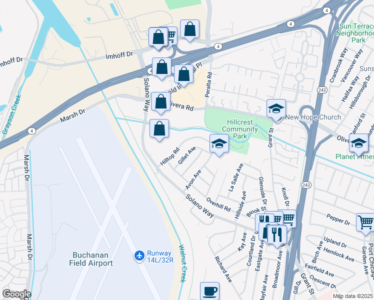 map of restaurants, bars, coffee shops, grocery stores, and more near 2867 Gillet Avenue in Concord