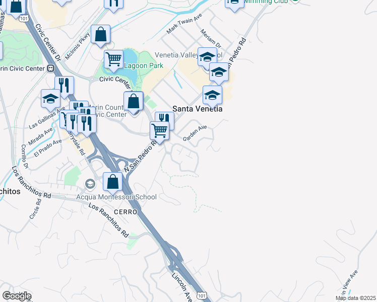 map of restaurants, bars, coffee shops, grocery stores, and more near 2 Woodstock Court in San Rafael