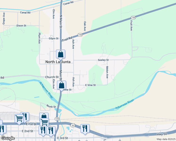 map of restaurants, bars, coffee shops, grocery stores, and more near 122 East Church Street in La Junta