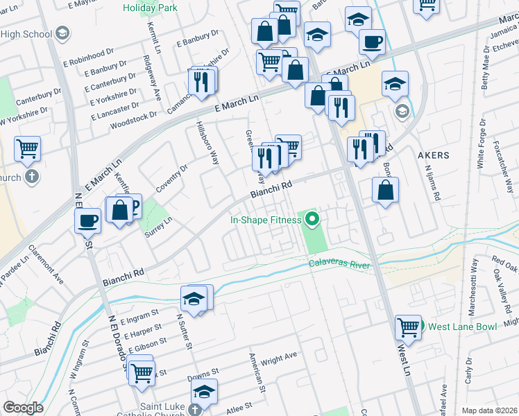 map of restaurants, bars, coffee shops, grocery stores, and more near 4448 Townehome Drive in Stockton