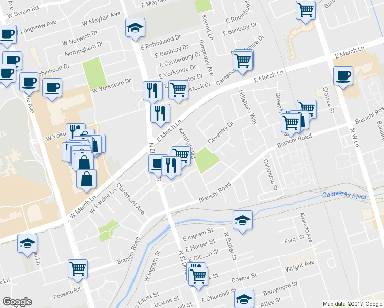 map of restaurants, bars, coffee shops, grocery stores, and more near 4701 Kentfield Road in Stockton