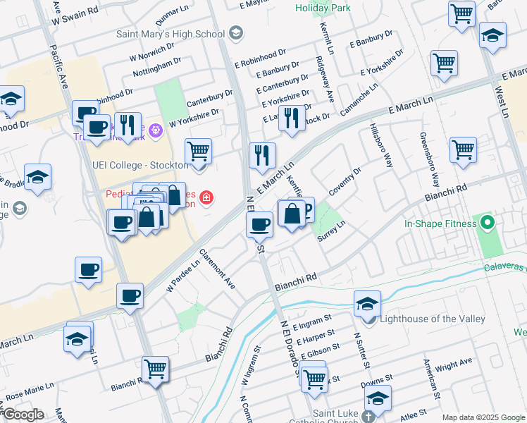 map of restaurants, bars, coffee shops, grocery stores, and more near 6 North El Dorado Street in Stockton