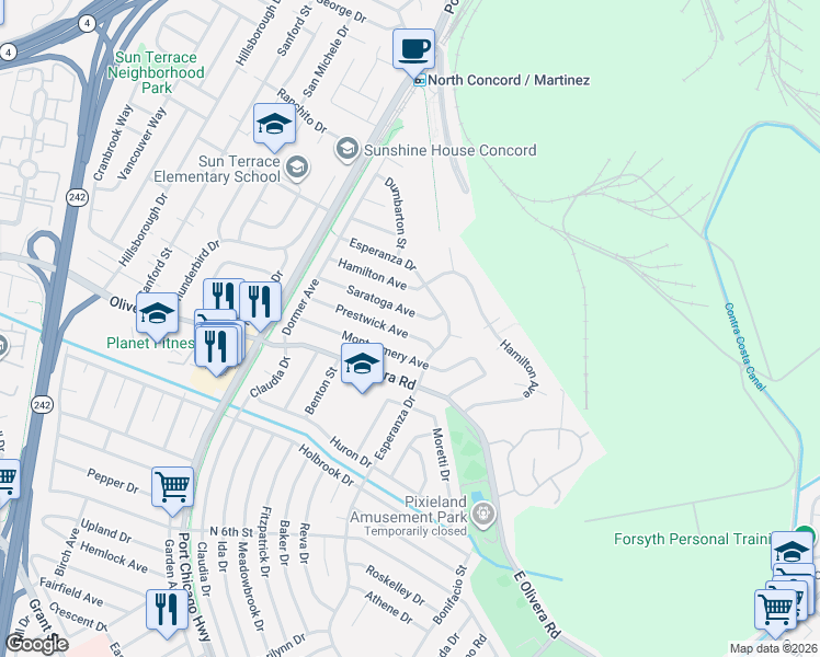 map of restaurants, bars, coffee shops, grocery stores, and more near 2639 Montgomery Avenue in Concord