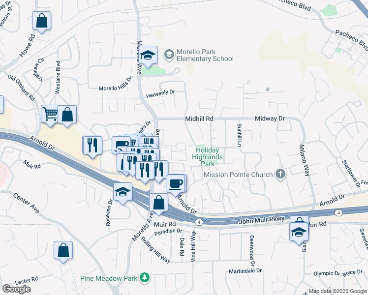 map of restaurants, bars, coffee shops, grocery stores, and more near 1186 Maywood Lane in Martinez