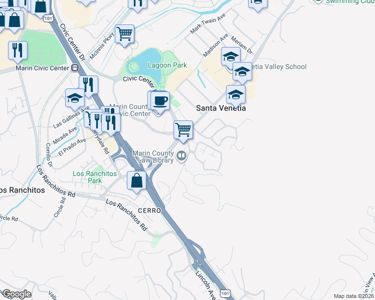 map of restaurants, bars, coffee shops, grocery stores, and more near 92 Village Circle in San Rafael