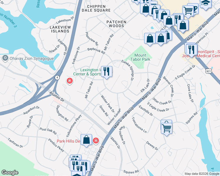 map of restaurants, bars, coffee shops, grocery stores, and more near 643 Eureka Springs Drive in Lexington