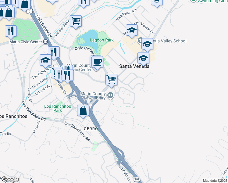 map of restaurants, bars, coffee shops, grocery stores, and more near 92 Village Circle in San Rafael