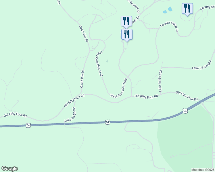 map of restaurants, bars, coffee shops, grocery stores, and more near 128-134 W Crossfox Trail in Camdenton