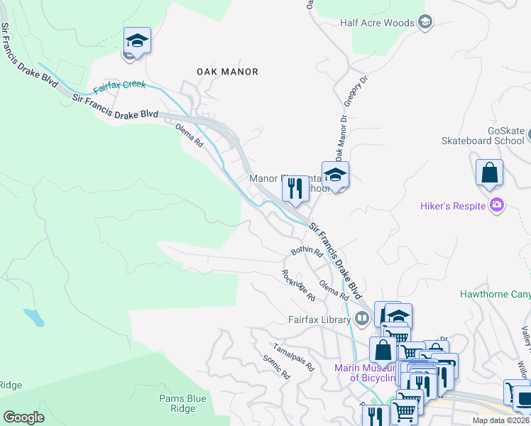 map of restaurants, bars, coffee shops, grocery stores, and more near 238 Olema Road in Fairfax