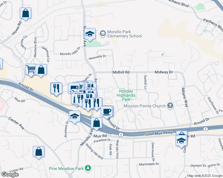 map of restaurants, bars, coffee shops, grocery stores, and more near 1186 Maywood Lane in Martinez