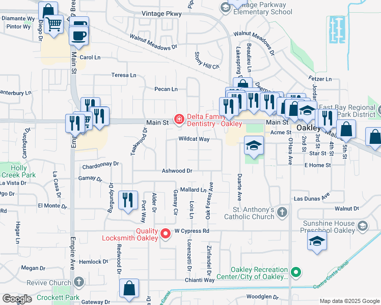 map of restaurants, bars, coffee shops, grocery stores, and more near 1521 Rosewood Court in Oakley