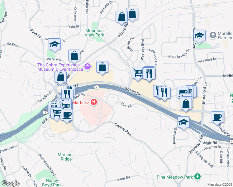 map of restaurants, bars, coffee shops, grocery stores, and more near 996 Arnold Drive in Martinez