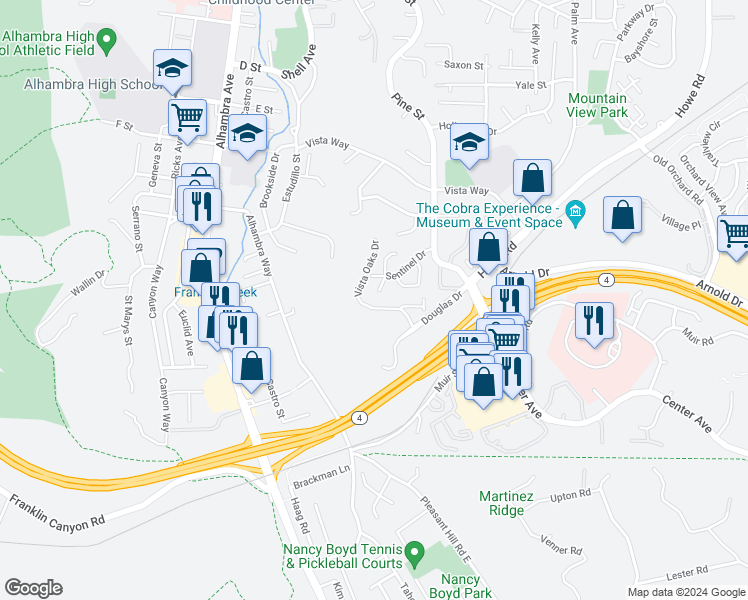 map of restaurants, bars, coffee shops, grocery stores, and more near 3865 Vista Oaks Drive in Martinez