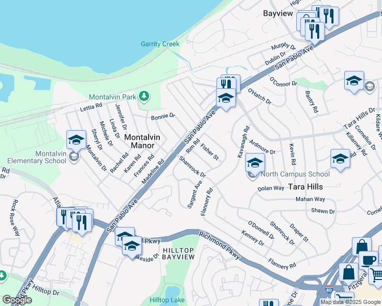 map of restaurants, bars, coffee shops, grocery stores, and more near 2684 Rim Road in San Pablo