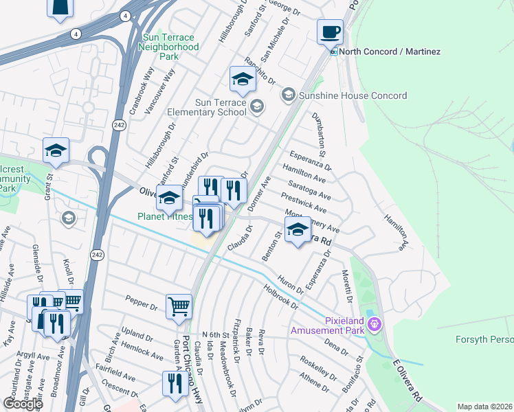 map of restaurants, bars, coffee shops, grocery stores, and more near 2512 Montgomery Avenue in Concord