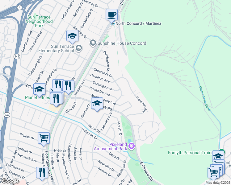 map of restaurants, bars, coffee shops, grocery stores, and more near 2638 Saratoga Avenue in Concord
