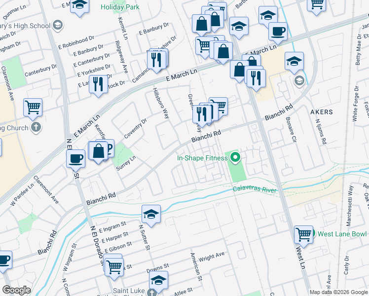 map of restaurants, bars, coffee shops, grocery stores, and more near 4493 Townehome Drive in Stockton