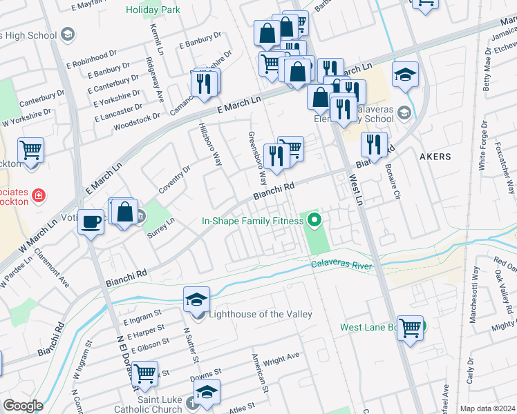 map of restaurants, bars, coffee shops, grocery stores, and more near 4503 Greensboro Way in Stockton