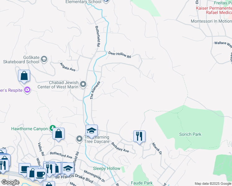 map of restaurants, bars, coffee shops, grocery stores, and more near 112 Holstein Road in San Anselmo