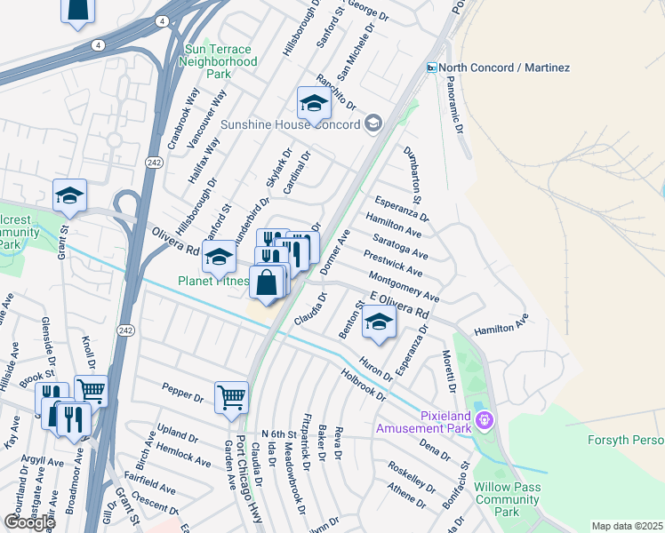 map of restaurants, bars, coffee shops, grocery stores, and more near 2512 Montgomery Avenue in Concord
